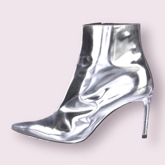 Balenciaga Patent Leather Slash Silver Mirrored Ankle Heeled Bootie Boots Size39 - Picture 1 of 14